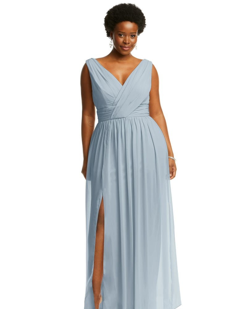 Front of a model wearing a size 18W Sleeveless Draped Chiffon Maxi Dress with Front Slit in Mist by Dessy Collection. | dia_product_style_image_id:268338